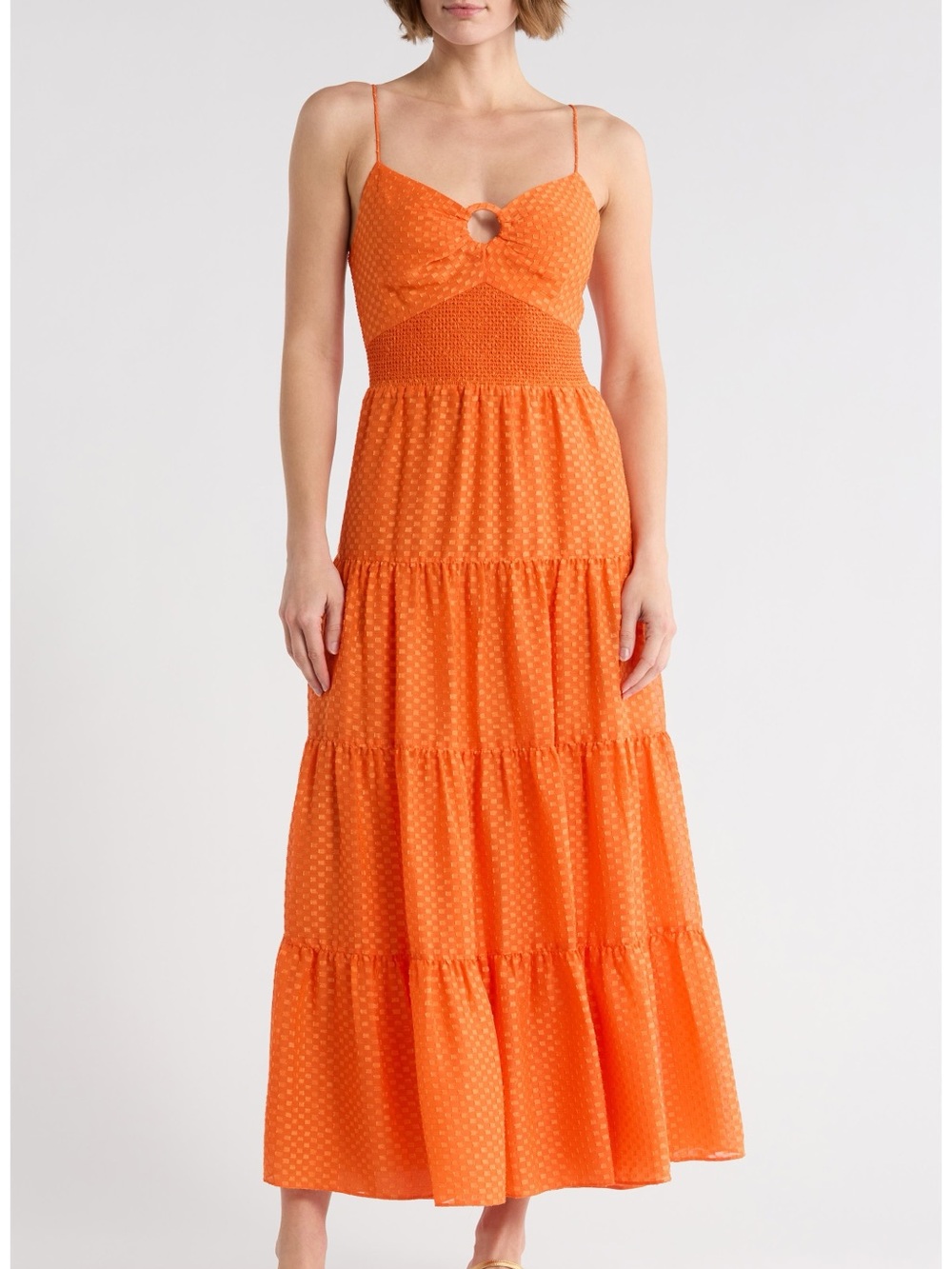 Alice + Olivia Clea Dress Sz 4 Orange Swiss Dot Tiered Midi Smocked Sundress
